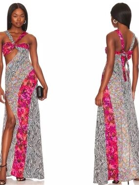 For Love & Lemons Rita Cutout Pink Floral & Zebra patchwork Maxi Dress
